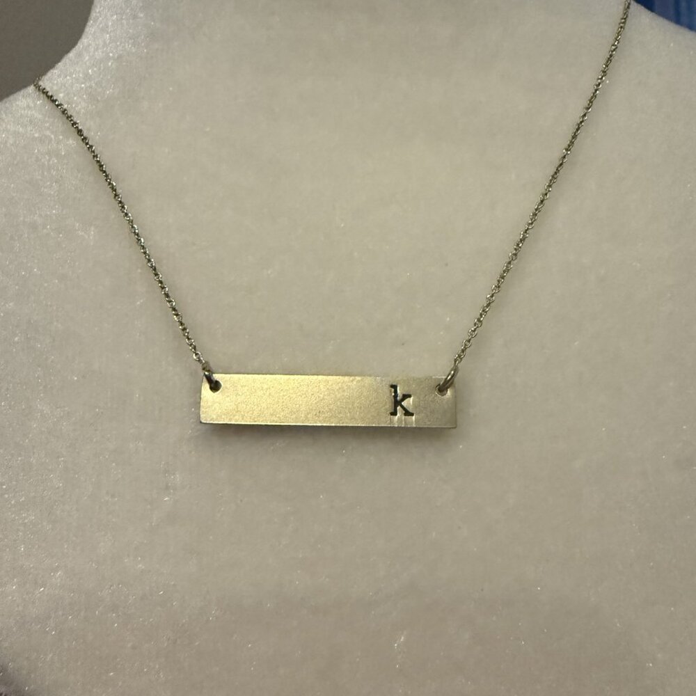 Gold Tone Bar Necklace Monogram Lowercase "k" Engraved Chain Link Minimalist 18"